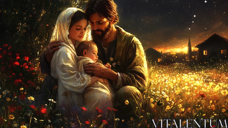 Holy family holding infant in illuminated night meadow