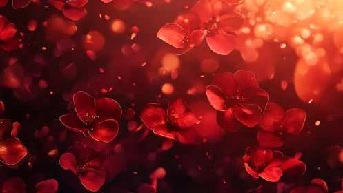 Red Flowers Floating Amid Warm Bokeh and Particle Light