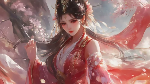 Digital portrait of woman in red hanfu amid blossoms.