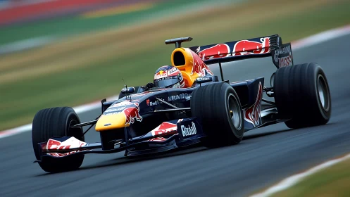 Formula 1 Red Bull car attacks fast circuit corner at speed.