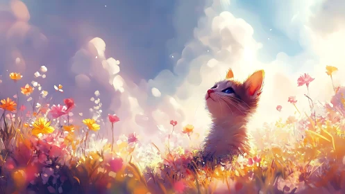 Cat gazes upward through blooms dancing in golden sunlight