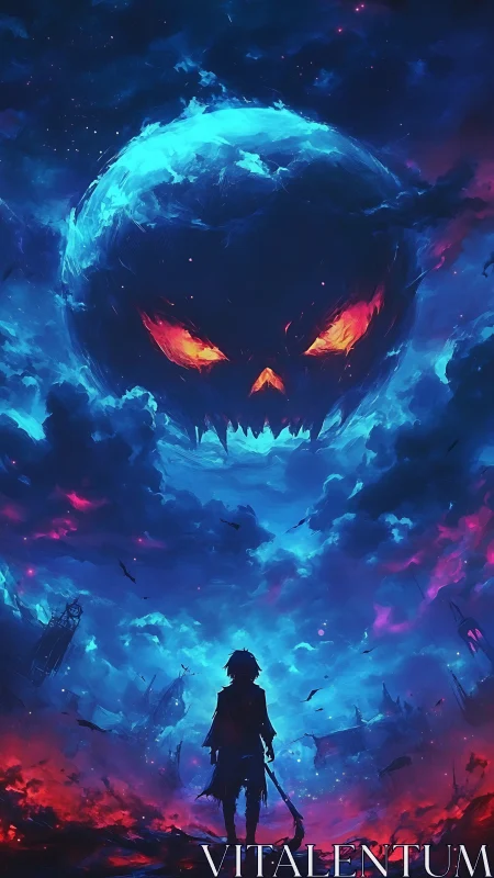 Silhouetted warrior confronts infernal jack o&rsquo;lantern moon in storm