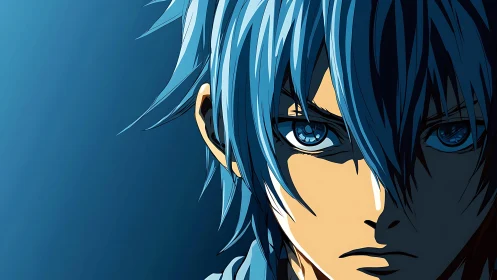 Storm-blue anime gaze poised between shadow and light.