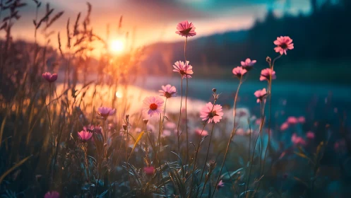 Pink daisies bloom at sunrise beside a tranquil mountain lake.