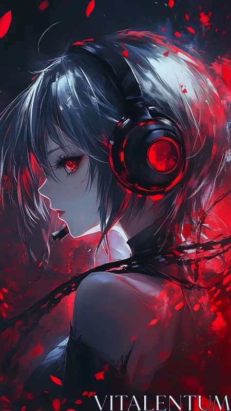 Intense anime gamer girl with headset in red glow.