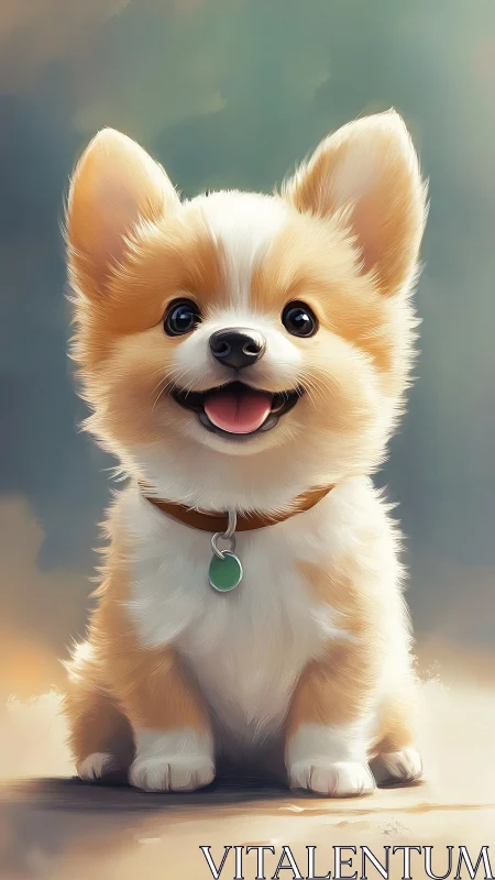 Fluffy corgi puppy smiles brightly in soft pastel light.
