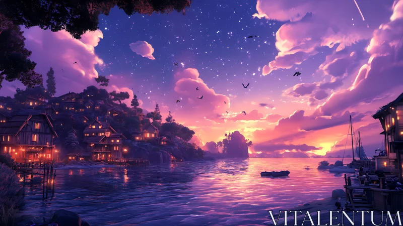 Twilight harbor village under luminous violet sunset sky.