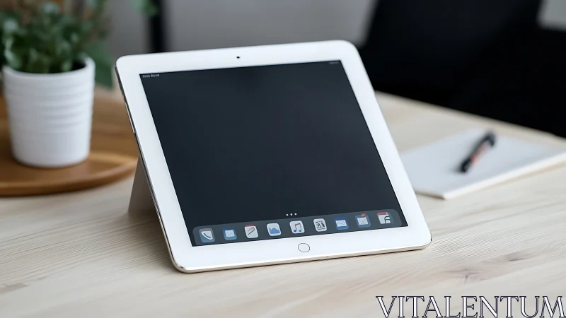 White iPad on wooden desk with dock and apps visible.