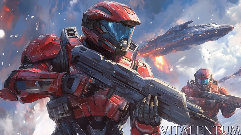 Armored space marines advance under burning orbital warships