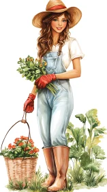 Female gardener stands holding basket and freshly cut greens