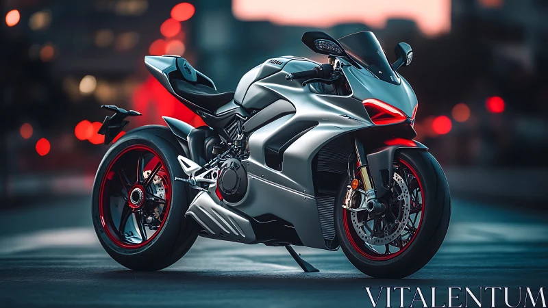 Silver street phantom superbike under neon dusk glow.