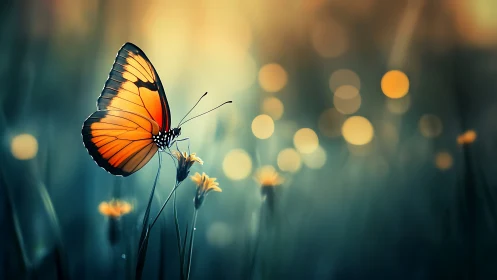 Monarch butterfly rests on wildflower in cinematic bokeh glow