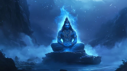 Blue divine yogi meditates in glowing cosmic mountain mist