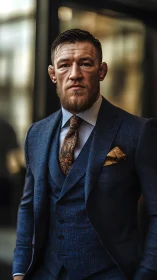 Bearded businessman in blue suit radiates bold urban confidence