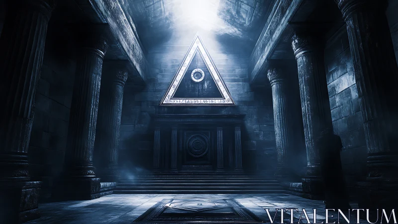 Ancient stone temple interior frames glowing all seeing triangle