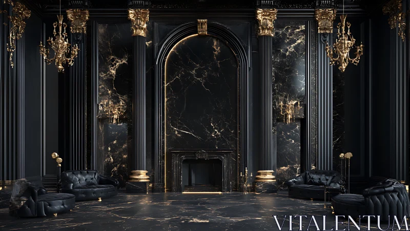 Neoclassical black marble salon with gilded baroque detailing.