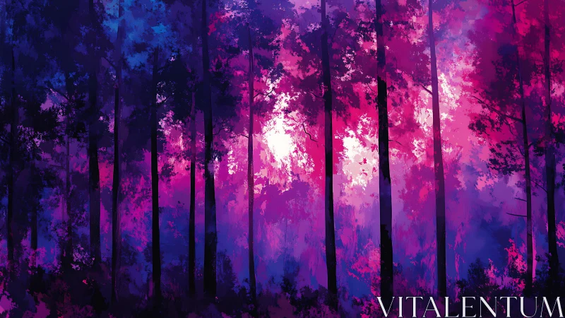 Neon Chromatic Forest: Volumetric Light Penetration Through Vertical Silhouettes