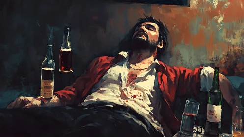 Disheveled man slumped amid bottles in painterly chiaroscuro.