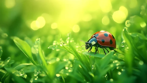 Ladybug explores dewy green leaves in glowing morning light