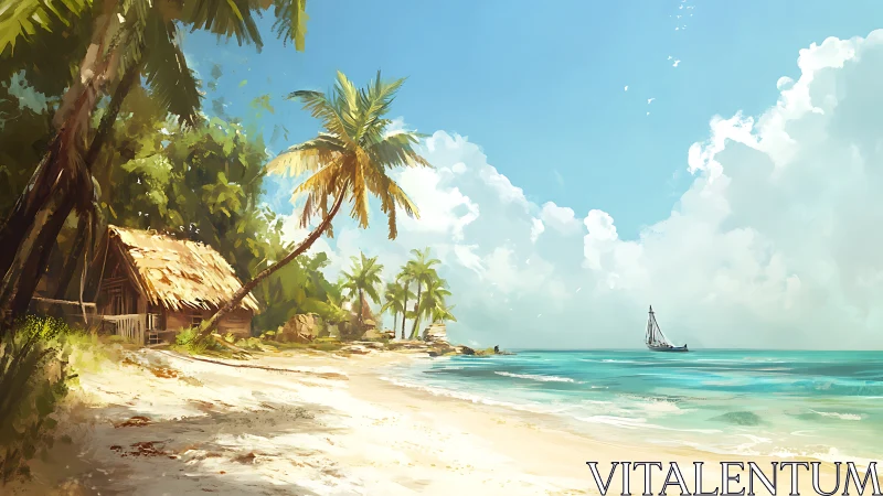 Tropical Coastal Refuge: Digital Painterly Beach Composition.