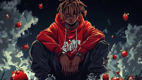 Dynamic anime portrait of hooded youth amid levitating red apples