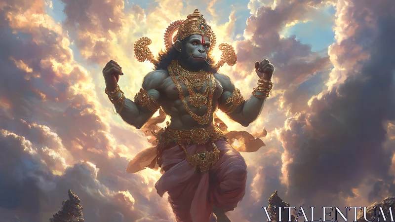 Storm-striding monkey deity blazing through radiant clouds.