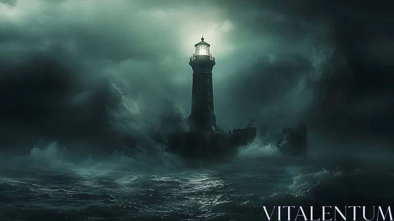 Storm-lashed lighthouse projects cold beam through dark sea