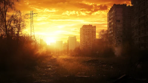 Sunlit abandoned city street framed by ruined high rises