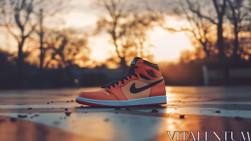 Orange basketball sneaker stands on wet court at sunset