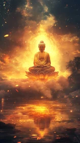 Radiant Buddha floats in golden light above a calm mirror lake
