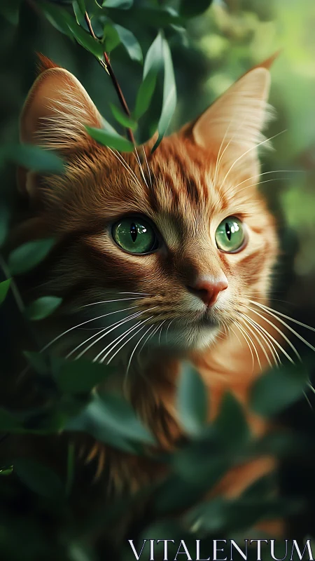 Curious green eyed ginger cat peeking softly through leaves.