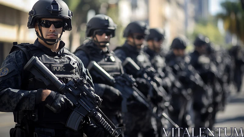 Police tactical officers stand in formation holding rifles