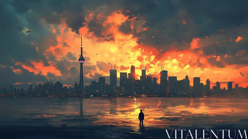 Digital painting skyline with silhouetted figure and fiery sunset reflection.