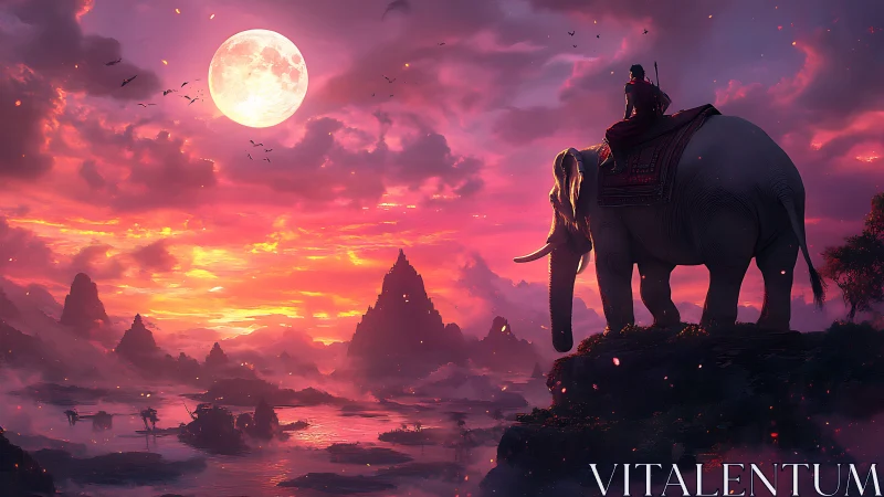 Rider on white elephant surveys misty valley under oversized moon