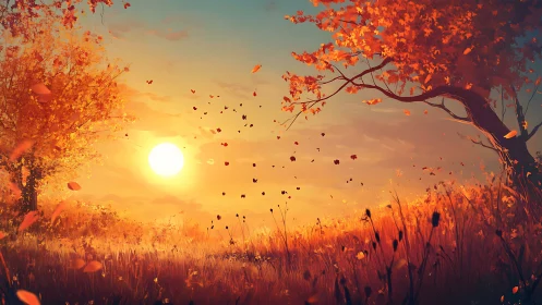 Golden autumn sunset glowing through dancing scarlet leaves.