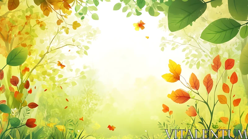 Sunlit forest clearing frames vibrant foliage in soft gradients