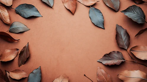 Dried autumn leaves frame warm terracotta background space