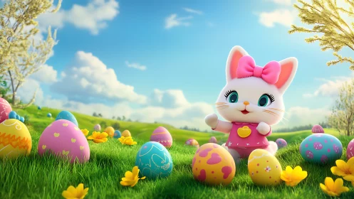 Playful bunny mascot explores a bright Easter meadow