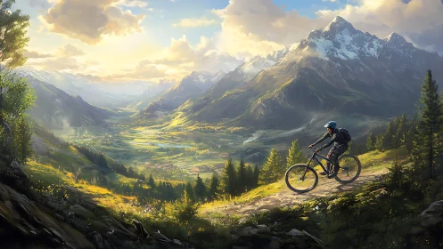 Mountain Trail Cyclist Soaring Through Alpine Wilderness at Golden Hour