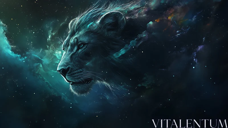 Cosmic lion spirit drifts through glowing starlit nebula