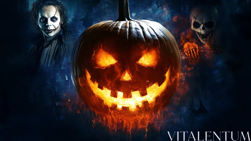 Fiery jack o lantern with sinister ghosts in dark mist.