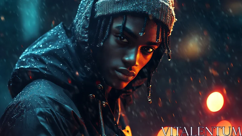 Nocturnal rain portrait with cinematic bokeh illumination.