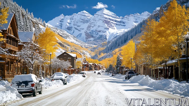Snow covered mountain town street framed by bright yellow trees