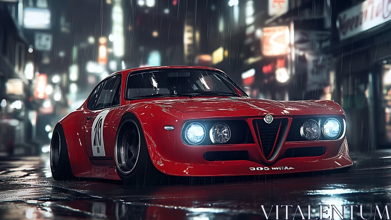 Red Alfa Romeo race car prowls wet neon city streets.