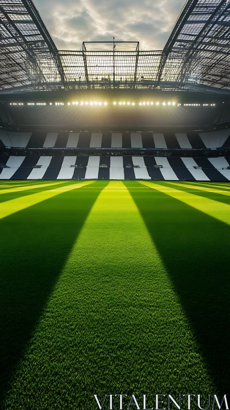 Sunlit football stadium interior with striped seating tier.