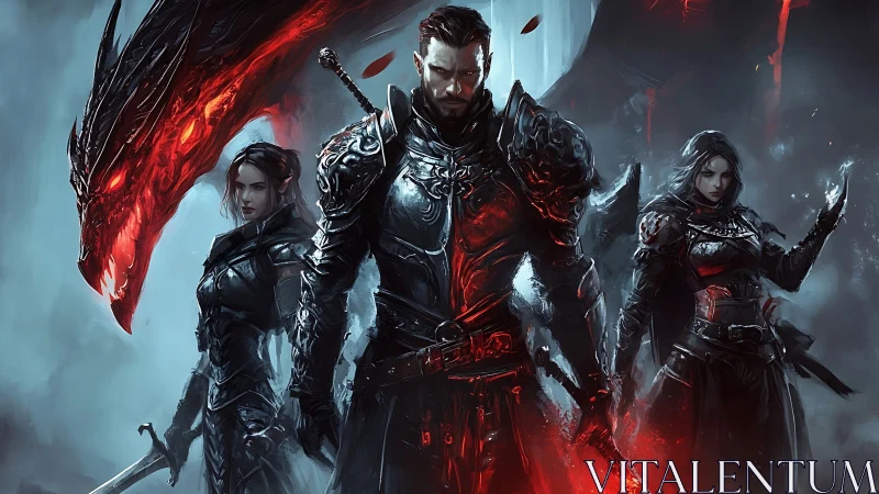 Digital painting of dark fantasy knights with infernal dragon.