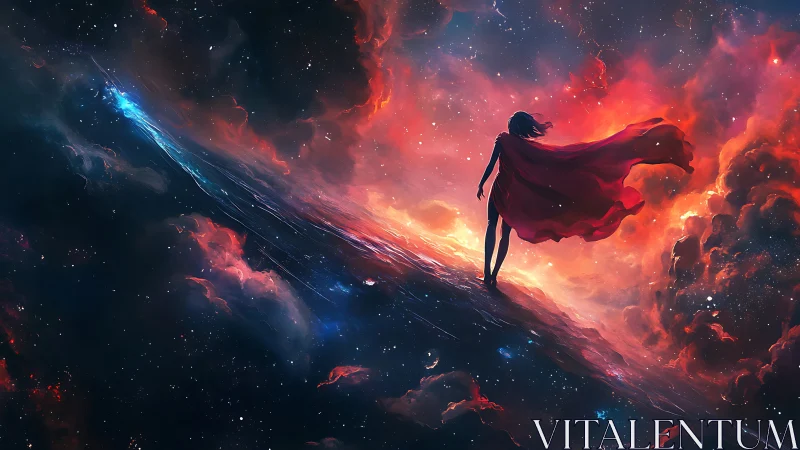 Cosmic wanderer stands on a glowing nebula horizon.