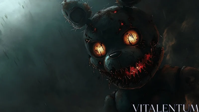 Charred animatronic bear with molten eyes and fragmented jawline