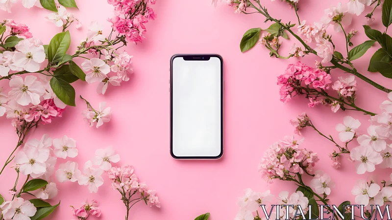 Smartphone Among Blooming Flowers on Pink.