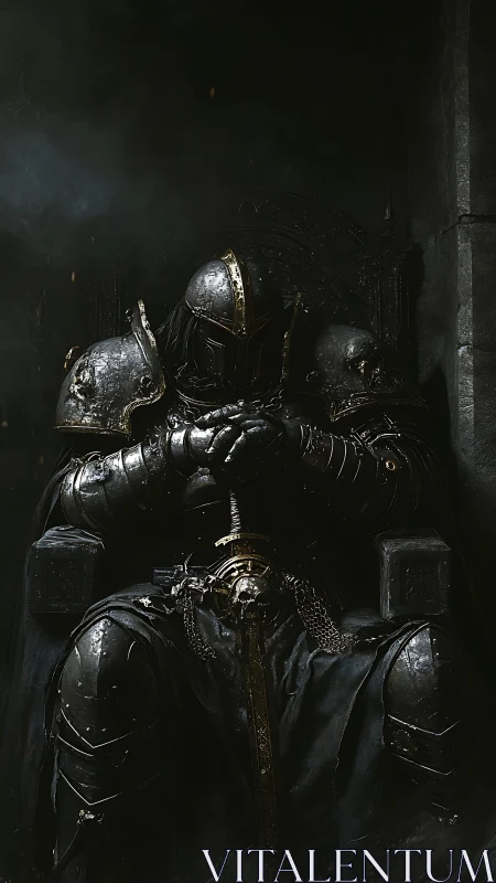 Dark armored warlord seated on throne with solemn sword.